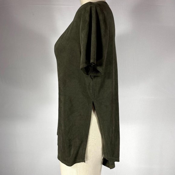 Moa Moa Dark Green Faux Suede Split Back Top Sz L - Picture 4 of 6